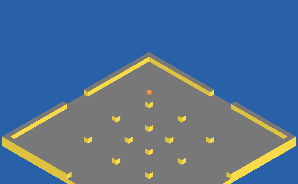 Isometric render of the Battle Royale arena: a raised grey slab edged by a yellow bumper that breaks into four gaps, with eight small cover blocks scattered across it and the marble near the back.