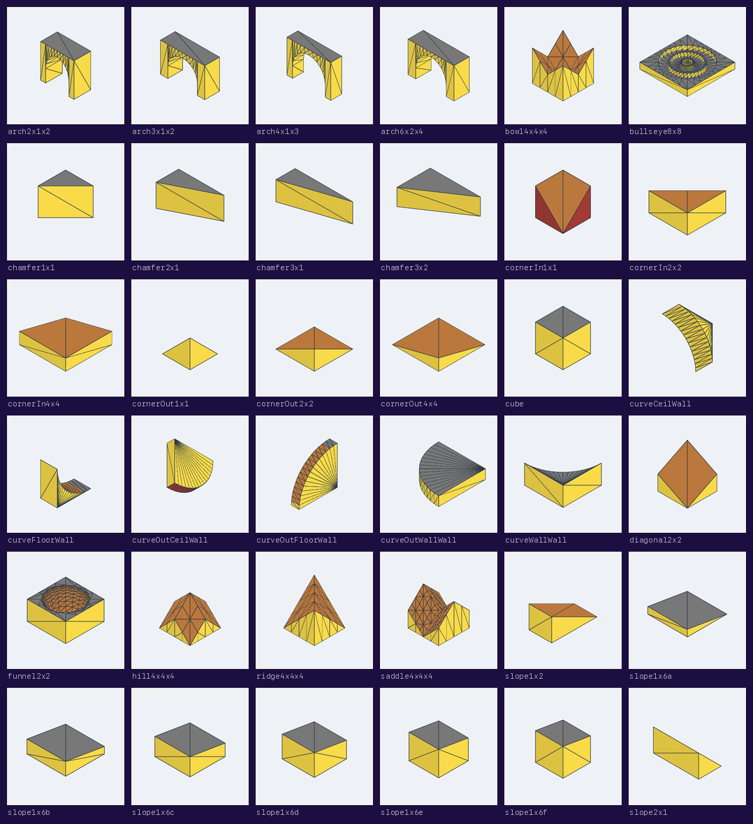 Contact sheet of 36 block shapes on pale tiles: arches, chamfers, inside and outside corners, curves, a bowl, a bullseye, a funnel, a hill, a ridge, a saddle, and a run of slopes, each drawn in yellow and grey with its triangle edges visible.