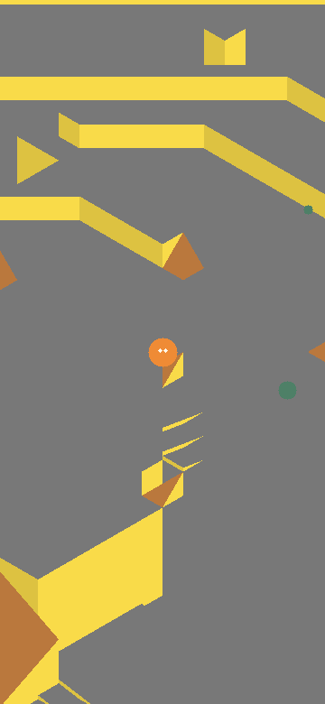 A 360×780 portrait render of The Mountain: flat grey floors, yellow ledges, orange ramps, and the marble with its googly eyes near the centre.