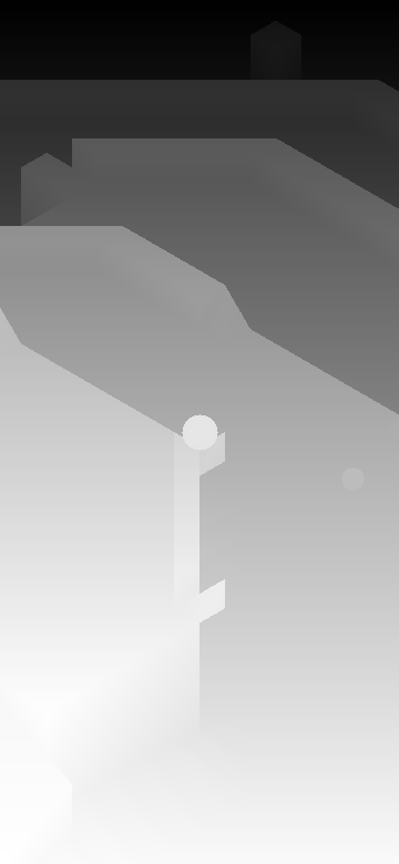 Grayscale depth map of The Mountain: the terraces read as flat bands stepping from near-white at the bottom of the frame to near-black at the top, with the marble a bright disc near the centre.