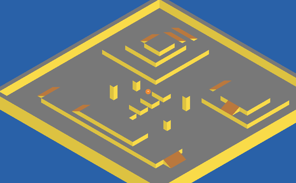 Isometric render of the Twin Explore basin: a wide grey floor inside a continuous yellow boundary wall, with a terraced mountain at the back, a long overlook to the right, a low ridge across the front, and a broken line of columns through the middle.