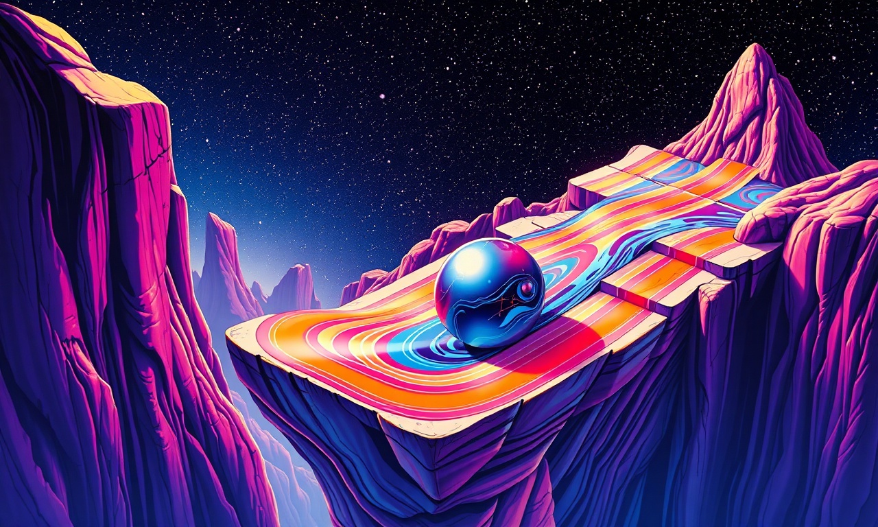 Key art: a glossy marble with eyes rolling down a striped orange-and-cyan ramp suspended between magenta cliffs under a starfield.